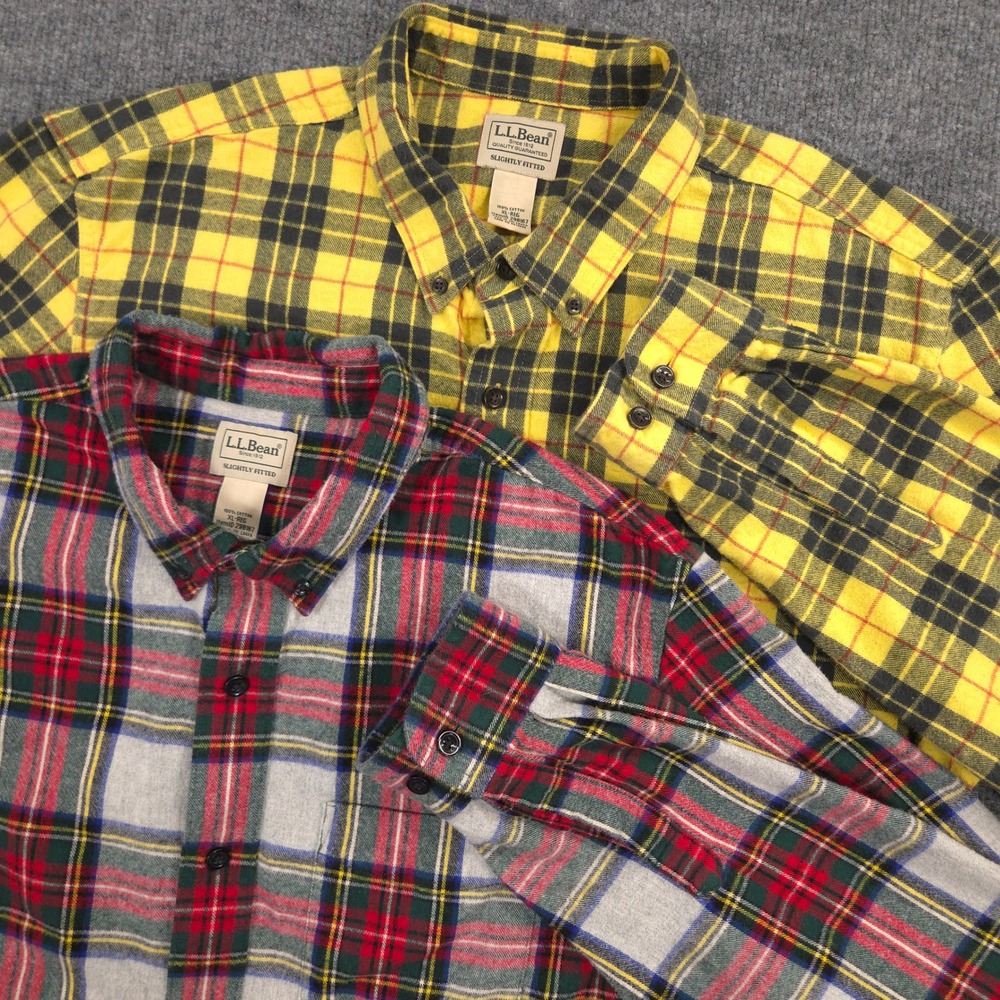 Lot of 2 LL Bean Scotch Plaid Flannel Shirts Mens XL Tartan Slightly Fitted